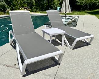 (SOLD--2 available; Domi brand chaise lounger; 67x25x38)  ($12; plastic side table; 18x18x16)