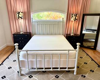 ($600; white distressed queen-size iron bed frame, very solid; price includes Tempur-Pedic memory foam mattress and boxspring) ($300; black and tan floral wool rug, thick pile, that reverses to black and tan plain rug; approximately 8'x10')