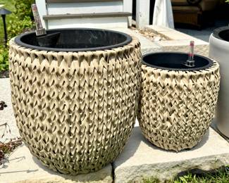 (SOLD; medium outdoor resin wicker planter with self watering system) (SOLD; small outdoor resin wicker planter with self watering system)