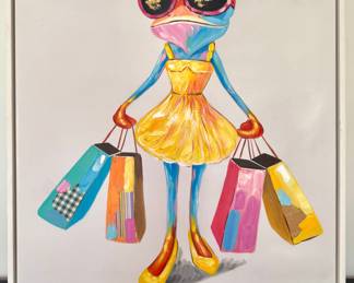 SOLD: framed art of "shopping frog" on canvas; 36x36