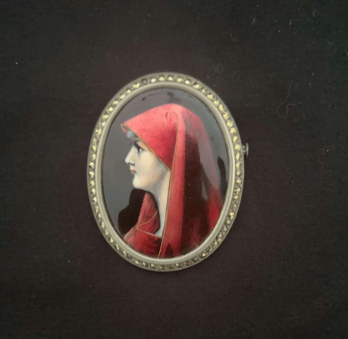 01 Hand Painted Silver Pendant Pin Signed Vintage Catholic Saint Fabiola Lady Red.