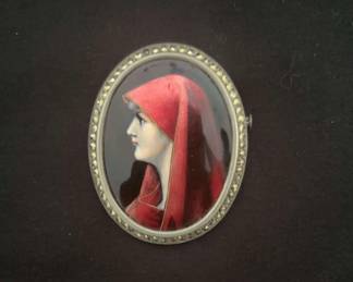 01 Hand Painted Silver Pendant Pin Signed Vintage Catholic Saint Fabiola Lady Red.