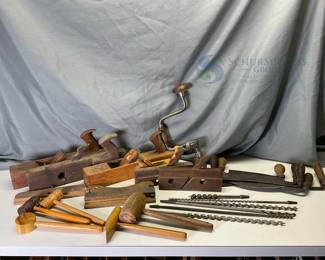 Vintage Woodworking Tools Set with Planes, Drawknives, Auger Bits, Mallets