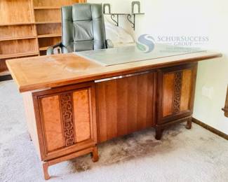 Mid-Century Executive Desk & Office Chair Set, 7 Drawers, Wood and Leather