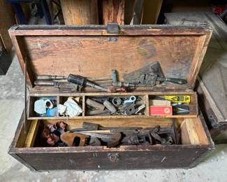 Vintage Wooden Tool Chest with Assorted Hand Tools