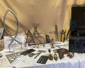 Drafting and Measuring Tool Set with Metal Case, Compasses, and Templates