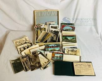 Vintage Postcards Collection with WWII Ration Books, 1940s Era