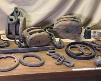 Antique Wooden Pulley Blocks with Metal Hooks