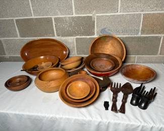 Vintage Wooden Bowls & Utensils Set