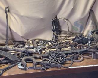Antique Farm Tools Collection - Chains, Hooks, Pulleys, Metal Rings