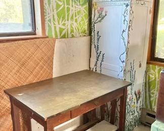 Painted Wooden Cabinet with Floral Design and Wooden Table