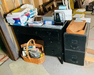 Ipad, Black Wooden Desk with Filing Cabinet, Office Supplies