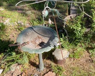 Green Metal Bird Bath with Dragonfly and Bird Decor