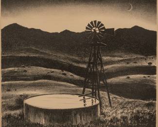 Peter Hurd, "Stock Well at Dusk" Lithograph
