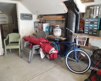 Beach bike; plastic yard chairs; garage goodies