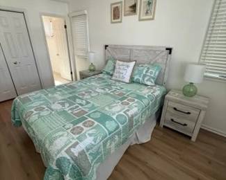 Queen bedroom suite: queen bed; two nightstands; dresser with mirror