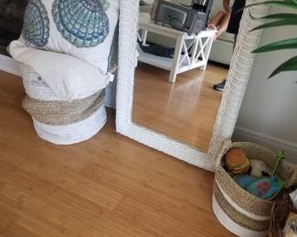 Wicker mirror; baskets; accent pillows & decor