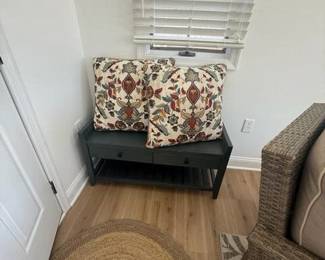 2-draer bench table; accent pillows