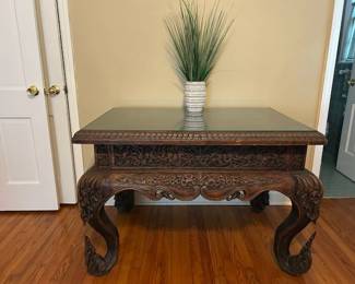 Beautiful, Ornate Hand-carved Teak Table from Thailand
Teak table - 46" long, 32" wide, 32" high
Glass top is removable
Definite statement piece!