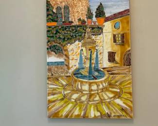 Painting on Tiles (6) - French Fountain
Purchased La Roue Vallauris along the French riviera.
La Roue Vallauris is a notable pottery workshop in Vallauris, France.
15.5" w x 23.5" h
