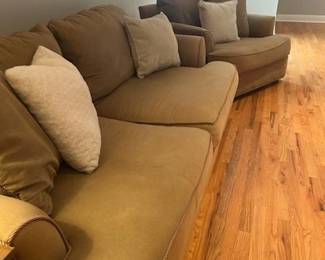 Deep Seat Sofa and Chair and a half
Super comfy! And has nice piping detail along all edges. Great condition other than 1 discoloration area on front and 1 tear in front
Greenish / brown - good neutral color
Sofa 84" long x 44" deep
Chair 44" long x 44" deep