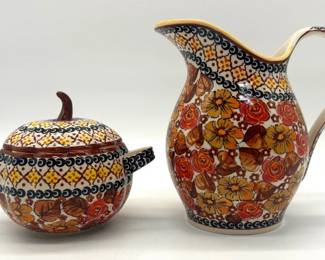 Polish pottery pitcher, sugar bowl