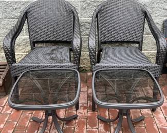 Set of four woven armchairs by Front Gate, 2 glass top side tables