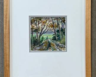 Signed framed and matted watercolor entitled “Down the road with my thoughts” by Roman Dunets