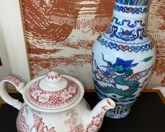 English teapot and Asian vase