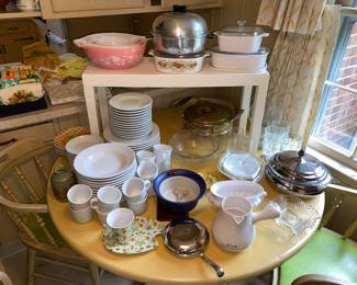 Kitchen items - china set, Pyrex, Corningware and more