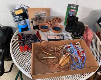 Yard items, lanterns, metal table