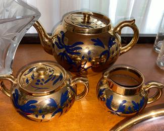 Blue and gold Teapot with creamer and sugar