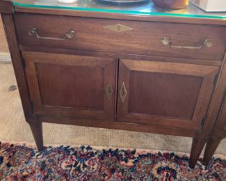 1 of 2 End tables with cabinet and drawer storage along with custom cut glass tops