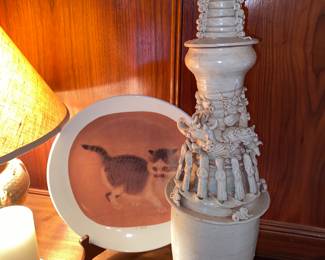 Asian inspired ceramic vessel and kitty plate…. It’s purrrr-fect!