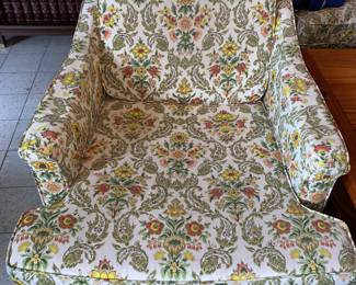 Close up of granny/cottage core arm chair … and still so comfy!
