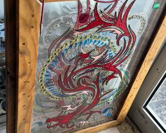 Pair of Painted Glass Hanging Window Art Depicting a Dragon.