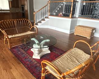 pair of matching retro-style rattan settees