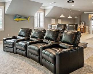 6 reclining black leather theater seats
