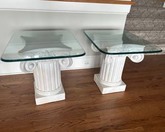 Heavy column base glass top end tables