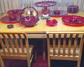 Mid Century American Crafted Dining Room Set with Vintage Ruby Glass