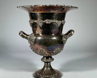 Large Silverplate Champagne Bucket | Decorated with Grape Vines . Some loss of plate to the item as shown - h. 14 x w. 11.5 x dia. 11.5 in
