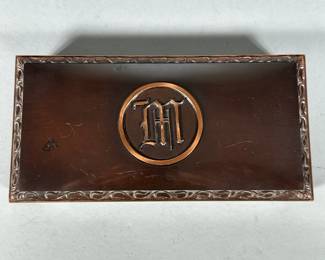Vintage L.E. Mason Co. (Boston) Bronze Cigar Box With Monogram | Cork-lined cigar case with monogrammed "M" on the hinged lid. Marked "L.E. Mason Co. / Boston, Mass." on bottom. - h. 1 x w. 4 x l. 8 in