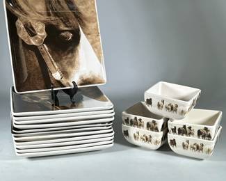 (17pc) HOME BRANDED, INC. HORSE DECORATED PLATES | 10 plates have an up close photo in black and white of a horse’s head’s profile with bridle. 2 of the plates are of a horse’s head’s without bridle. In addition, 5 square-shaped bowls. All made by Home Branded Inc. - w. 12.5 x l. 12.5 in (Plate)
