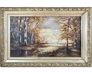 Large Oil on Canvas River Scene | Country river scene
Oil on canvas . 32 x 19 in. sight. Stretcher will need to be repaired - h. 27 x w. 40 x d. 3 in (frame)