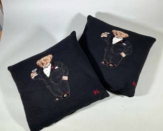 (2pc) Ralph Lauren KNITTED Pillows | Knitted black pillows with bear in tuxedo holding a martini. Buttoned covers can be removed. - w. 20 x l. 20 in