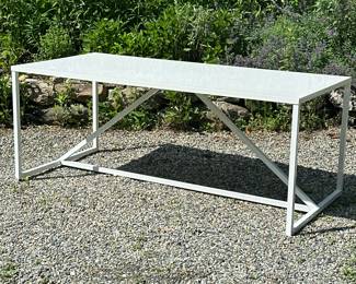 BLU DOT 'STRUT COLLECTION' WHITE LARGE TABLE | With aluminum frame and glossy finish. no apparent markings - h. 29 x w. 34.5 x l. 74.5 in