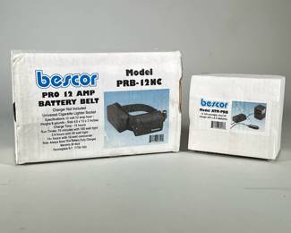 BESCOR PRO 12 AMP BATTERY BELT | Bescor Model PRV-12NC Pro 12 Amp battery belt in original box, with ATM-PRB 12 Volt charger - h. 4.5 x w. 9.75 x d. 6.25 in (box)