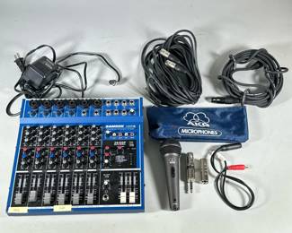 (7pc) Samson MDR8 channel mixer & AKG Microphone | Including: Samson MDR8 Mixer, AKG D 750 handheld microphone, male-to-male 3-pin adapter, female 3-pin to male 1/4” connector, female 1/4” to 1/8” adapter, 3-pin cable, and 2 male 3-pin to male 1/4” cables - h. 3 x w. 11 x l. 11 in (mixer)