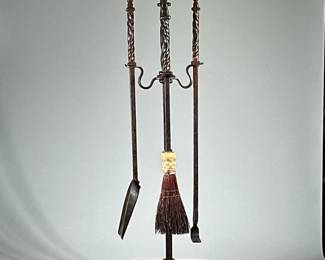 (4pc) Stand and Fireplace Tools | Cast iron, hand wrought set includes broom, shovel and poker.
Dimensions: h. 43.5 x l. 14 x d. 9 in (Stand)