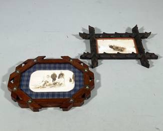 (2pc) ANTIQUE FRAMED WINTER SCENES | Antique carved wood picture dreams with pictures of old winter scenes. Including two carved wooden framed photographs, both labeled on verso. One identified as Lake Placid, the other as Shady Corner. - h. 8 x w. 9.75 in